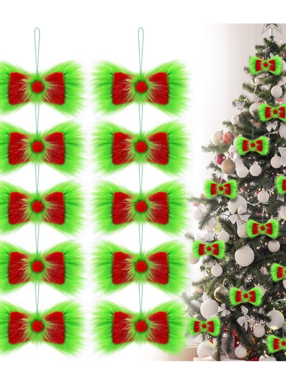 Red and Lime Green Fluffy Bow String Ornaments. 10 Count. NEW.